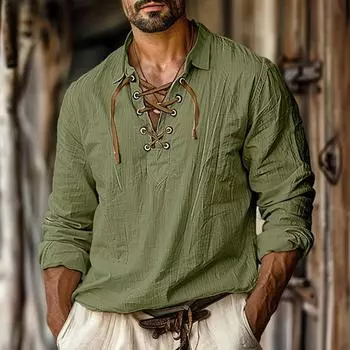 Мужская льняная рубашка большого размера с завязками для дома, повседневная модная рубашка с v-образным вырезом и длинными рукавами L