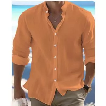 Мужская льняная рубашка на пуговицах с длинными рукавами и воротником-стойкой, повседневная рубашка на весну и лето S розовый