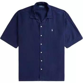 Мужская льняная рубашка Polo Ralph Lauren однотонная с коротким рукавом темно-синяя MNPOWOV1N820897-410 M