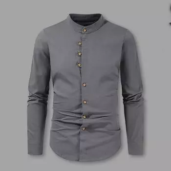Мужская льняная рубашка, повседневная, с длинным рукавом, на пуговицах, однотонная, мужская, пляжная, с воротником-стойкой, летняя рубашка M серый