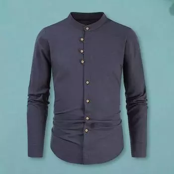 Мужская льняная рубашка, повседневная, с длинным рукавом, на пуговицах, однотонная, мужская, пляжная, с воротником-стойкой, летняя рубашка M белый