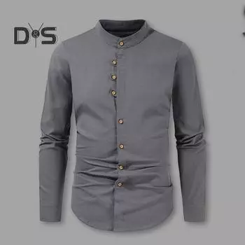 Мужская льняная рубашка, повседневная, с длинным рукавом, на пуговицах, однотонная, мужская, пляжная, с воротником-стойкой, летняя рубашка M серый