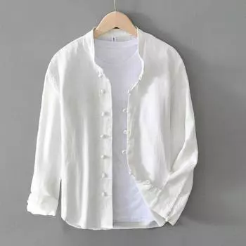 Мужская льняная рубашка с длинным рукавом в стиле Тан - куртка из рами в стиле ретро на пуговицах в китайском стиле для весны и лета чёрный