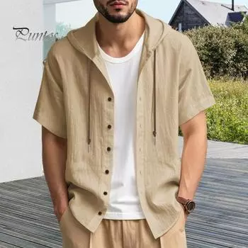 Мужская льняная рубашка с капюшоном, однотонная рубашка с коротким рукавом, свободный крой, застежка на пуговицы, летний повседневный топ для пляжа, повседневной носки, офиса, путешествий S чёрный