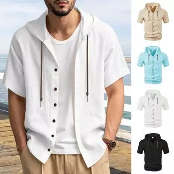 Мужская льняная рубашка с капюшоном, однотонная рубашка с коротким рукавом, свободный крой, на пуговицах S светло-синий