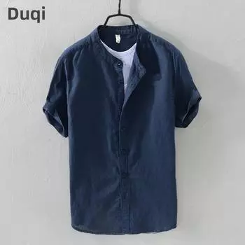 Мужская льняная рубашка в китайском стиле с воротником-стойкой и коротким рукавом - летняя повседневная, свободного кроя M (90-105 jin)