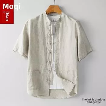 Мужская льняная рубашка в китайском стиле с коротким рукавом и воротником-стойкой в стиле ретро XL