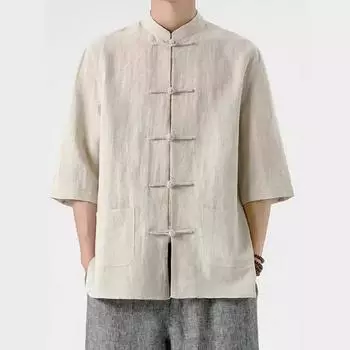 Мужская льняная рубашка в китайском стиле, костюм в китайском стиле Тан, мужская рубашка из хлопка и льна с рукавом три четверти, летний воротник-стойка в стиле ретро XXXXXL белый