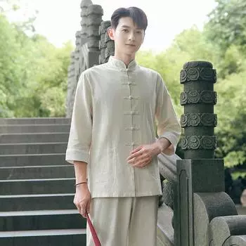 Мужская льняная рубашка в китайском стиле: Костюм Тан Весна, Лето, Осень L темно-синий