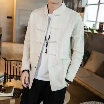 Мужская льняная рубашка в китайском стиле с длинным рукавом и воротником-стойкой - повседневный ретро-топ XXL чёрный