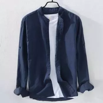 Мужская льняная рубашка в японском стиле с воротником-стойкой — легкая, дышащая, повседневная куртка с длинным рукавом для весны и лета L светло-синий