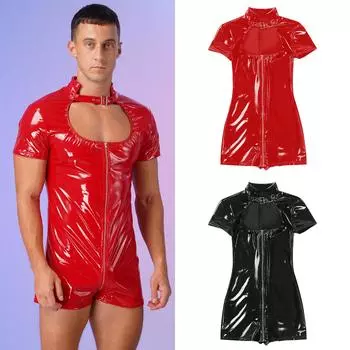Мужская латексная клубная одежда, костюм для дискотеки, костюм для танцев на шесте, кожаное боди с вырезом, короткий узкий комбинезон, комбинезон, костюм для клубного танца 3XL