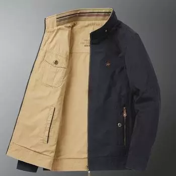 Мужская легкая хлопковая куртка - весна/осень, воротник-стойка, свободный крой, двухсторонняя, деловой повседневный стиль для пап среднего возраста XL армия зеленый