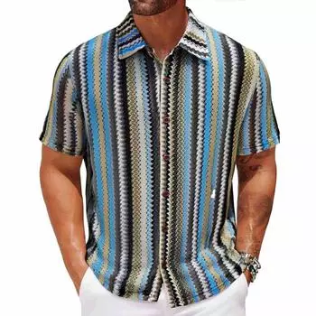 Мужская летняя этническая полосатая рубашка, повседневная кружевная пляжная рубашка M синий