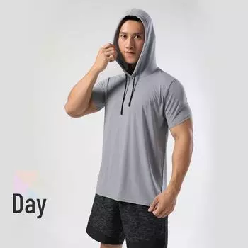 Мужская летняя быстросохнущая футболка с капюшоном - Ice Silk, короткий рукав, эластичная, идеально подходит для фитнеса, бега и тренировок. XL