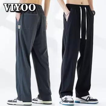 Мужская летняя быстросохнущая одежда, повседневные брюки из ледяного шелка, бейсбольные прямые брюки, полосатые спортивные штаны, учебная одежда, походные брюки для мужчин, уличная одежда M чёрный