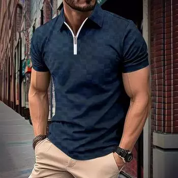 Мужская летняя черная клетчатая рубашка-поло в клетку на молнии, мужские топы с короткими рукавами, эластичная спортивная одежда, футболки-поло S чёрный