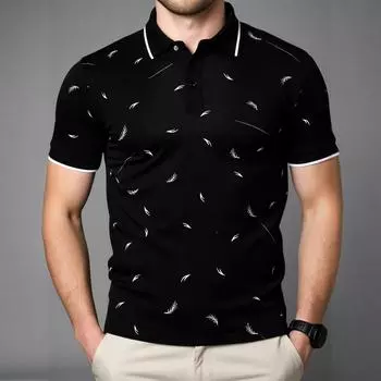 Мужская летняя деловая рубашка с лацканами и принтом перьев, большого размера, модная повседневная футболка для мужчин M чёрный