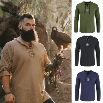 Мужская летняя дышащая льняная рубашка, повседневная рубашка викингов с длинным рукавом XXXXL белый