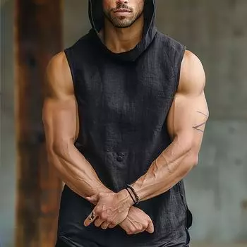 Мужская летняя дышащая майка без рукавов с капюшоном и развлечениями на открытом воздухе, однотонная L чёрный