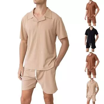 Мужская летняя дышащая повседневная футболка, мужская однотонная рубашка с кубинским воротником L чёрный