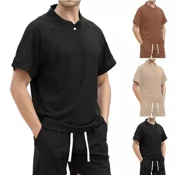 Мужская летняя дышащая повседневная футболка с воротником-стойкой, однотонная рубашка и шорты, комплект L чёрный