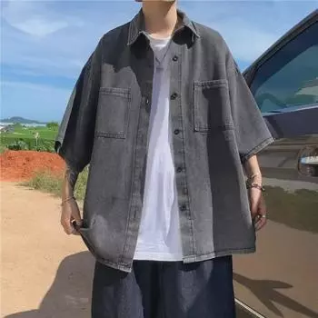 Мужская летняя джинсовая рубашка свободного кроя с коротким рукавом в гонконгском стиле XL синий