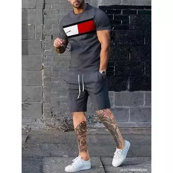 Мужская летняя футболка больших размеров с короткими рукавами размера плюс, спортивная одежда, комплект с 3D принтом, повседневная уличная одежда с принтом, комплект из 2 предметов S