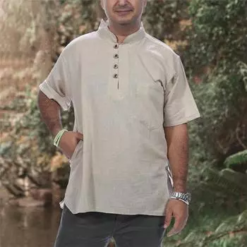 Мужская летняя футболка большого размера с коротким рукавом, однотонный пуловер из хлопка и льна S бежевый