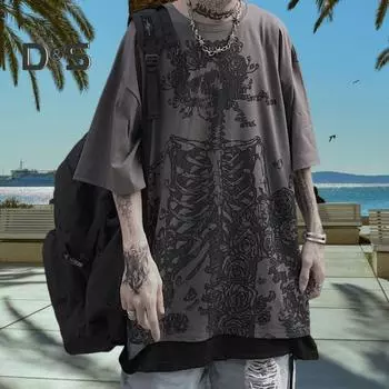 Мужская летняя футболка Черная граффити Скелет с принтом розы Панк Хип-хоп Поддельный двухсекционный круглый вырез с короткими рукавами Свободный топ средней длины в уличной уличной одежде M темно-серого