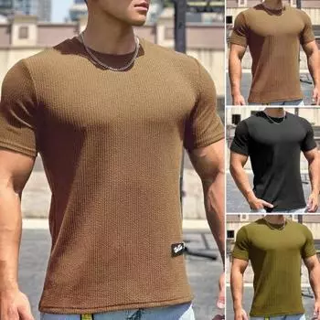 Мужская летняя футболка для фитнеса, однотонная футболка с круглым вырезом и короткими рукавами, мягкий дышащий быстросохнущий пуловер, повседневный мужской спортивный топ для спортзала L хаки