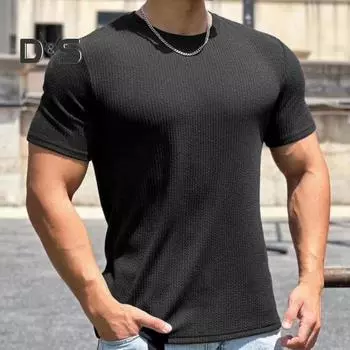 Мужская летняя футболка для фитнеса, однотонная футболка с круглым вырезом и короткими рукавами, мягкий дышащий быстросохнущий пуловер, повседневный мужской спортивный топ для спортзала L хаки