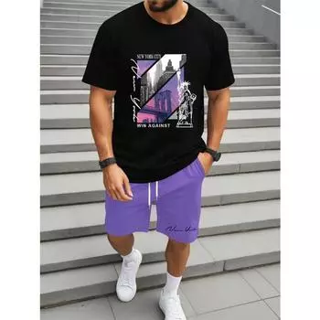 Мужская летняя футболка из двух частей с персонализированным принтом уличного здания, повседневные шорты с коротким рукавом для активного отдыха, мужская летняя одежда XS