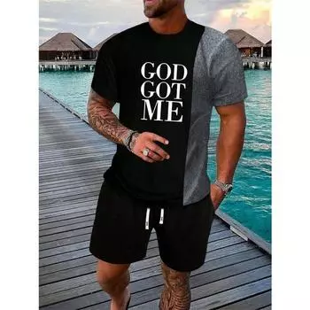 Мужская летняя футболка из двух частей в спортивном стиле с монограммой GOAT, повседневные шорты с короткими рукавами и завязками, летняя мужская одежда 3XL