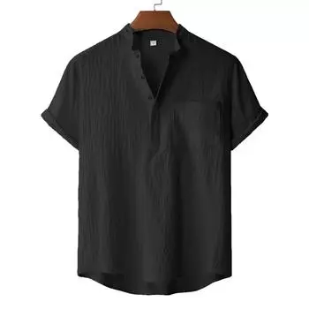 Мужская летняя футболка из хлопка и льна, пляжный стиль, с коротким рукавом, с вырезом хенли, для отпуска, Гавайи, повседневная, легкая, дышащая, удобная S чёрный