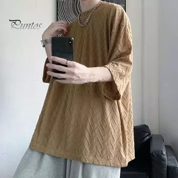 Мужская летняя футболка из ледяного шелка с короткими рукавами, свободный однотонный пуловер с круглым вырезом, уличная одежда, повседневная одежда, повседневный топ средней длины XL хаки