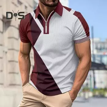 Мужская летняя футболка контрастного цвета в стиле пэчворк Slim Fit на молнии с отложным воротником эластичная мягкая дышащая повседневная пуловер с короткими рукавами средней длины на каждый день M серый