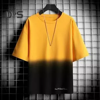 Мужская летняя футболка контрастного градиентного цвета с круглым вырезом и половиной рукавов, свободная повседневная мягкая дышащая мужская рубашка средней длины, повседневная пляжная спортивная рубашка 2XL чёрный/белый