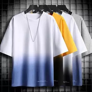 Мужская летняя футболка контрастного градиентного цвета с круглым вырезом и половиной рукавов, свободная повседневная мягкая дышащая мужская рубашка средней длины, повседневная пляжная спортивная рубашка 2XL чёрный/белый