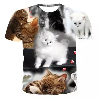 Мужская летняя футболка с 3D принтом кота, повседневные свободные топы с круглым вырезом и короткими рукавами, дышащая спортивная одежда, футболки S