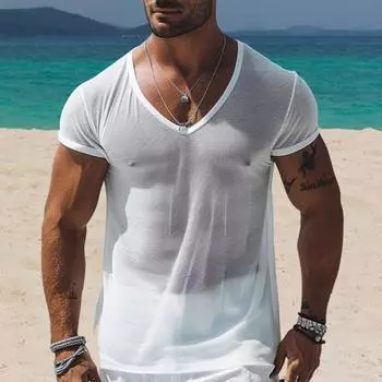 Мужская летняя футболка с ажурной сеткой, короткими рукавами, V-образным вырезом, хорошей воздухопроницаемостью, для отдыха на пляже M белый