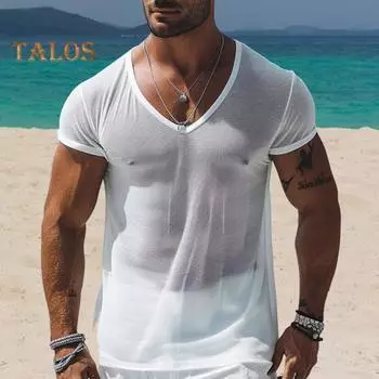 Мужская летняя футболка с ажурной сеткой, короткими рукавами, V-образным вырезом, хорошей воздухопроницаемостью, для отдыха на пляже, однотонный пуловер средней длины, спортивная футболка для фитнеса M белый