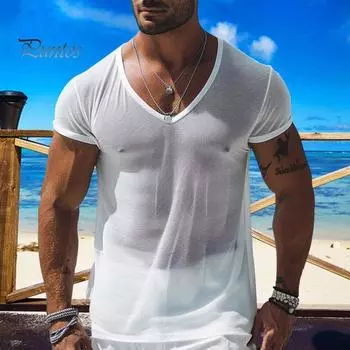 Мужская летняя футболка с ажурной сеткой, короткими рукавами, V-образным вырезом, хорошей воздухопроницаемостью, для отдыха на пляже, однотонный пуловер средней длины, спортивная футболка для фитнеса M белый