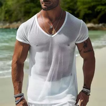 Мужская летняя футболка с ажурной сеткой, короткими рукавами, V-образным вырезом, хорошей воздухопроницаемостью, для отдыха на пляже, однотонный пуловер средней длины, спортивная футболка для фитнеса M белый