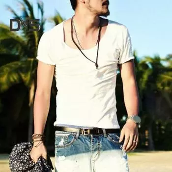 Мужская летняя футболка с большим V-образным вырезом, тонкая, однотонная, приталенная, мягкая дышащая, с короткими рукавами, эластичная повседневная мужская футболка средней длины XL серый