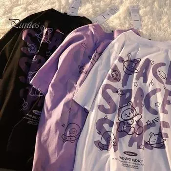 Мужская летняя футболка с буквенным принтом в японском стиле, мультяшный медведь, граффити, большой размер, с круглым вырезом, с короткими рукавами, повседневная одежда, топ для пары M белый