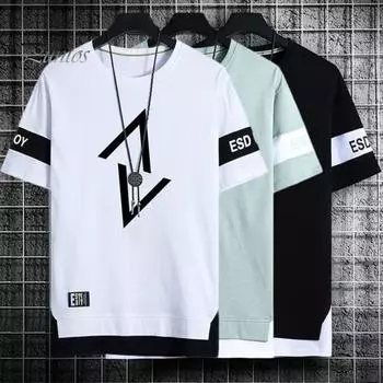 Мужская летняя футболка с цветными блоками, свободные короткие рукава, геометрический принт, одинаковый цвет, круглый вырез, лоскутный подол, повседневный повседневный топ L белый