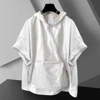 Мужская летняя футболка с капюшоном, большим накладным карманом, застежкой-молнией, негабаритный чистый цвет, мешковатые короткие рукава, уличная одежда средней длины, спортивная толстовка в стиле хип-хоп M белый