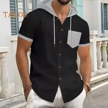 Мужская летняя футболка с капюшоном, короткий рукав, застежка на пуговицы, нагрудный карман, вафельный цветной блок, повседневная футболка с капюшоном для спортзала, уличная одежда M