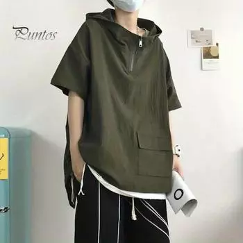 Мужская летняя футболка с капюшоном, накладным карманом и молнией, негабаритная, однотонная, мешковатая с короткими рукавами, уличная одежда средней длины, спортивная толстовка в стиле хип-хоп M зелёный